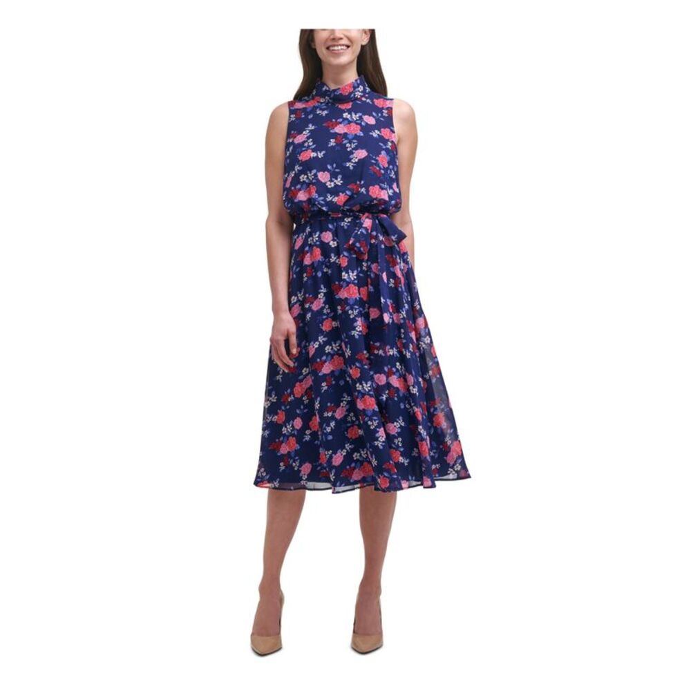 HARPER ROSE Womens Belted Mock Roll-neck Chiffon Sleeveless Midi Dress